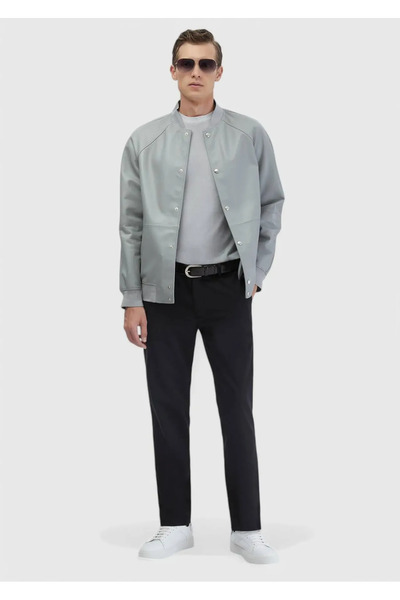 Ramsey Gray Regular Fit Stand Collar Casual Sheepskin Leather Coat