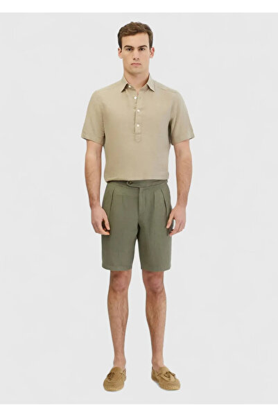 Ramsey Khaki Plain Woven Carrot Fit Casual 100% Linen Bermuda