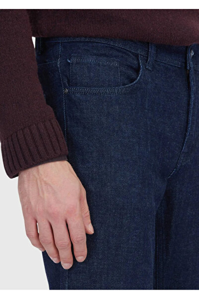 Ramsey Navy Blue Straight Slim Fit Denim Cotton Blended Trousers