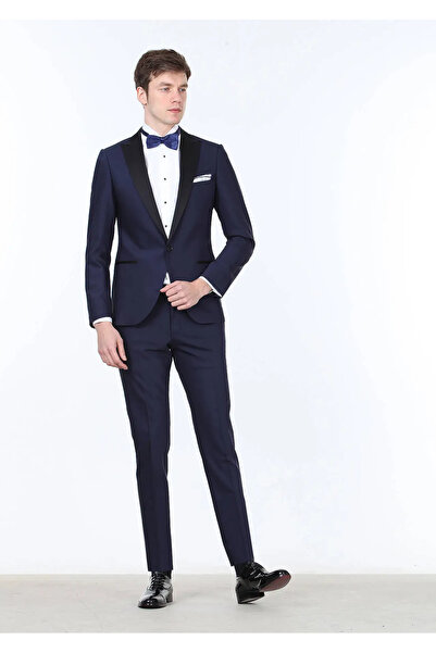 Ramsey Saks Düz Fashion Slim Fit Kruvaze Yaka Dokuma Smokin Takım Elbise