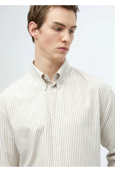 Ramsey Camel Hair Striped Loose Fit Woven Casual Cotton Blend Shirt