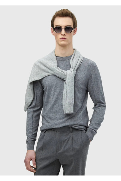 Ramsey Gray Crew Neck Jacquard Wool Blend Sweater