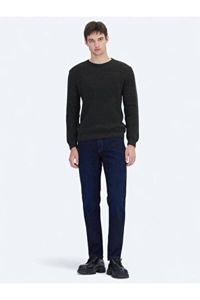 Kip Black Crew Neck Patterned Cotton Blend Sweater Sweater