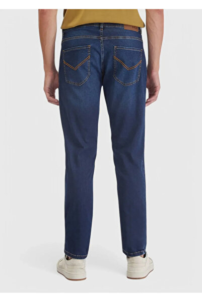 Ramsey Navy Blue Straight Slim Fit Denim Cotton Blended Trousers