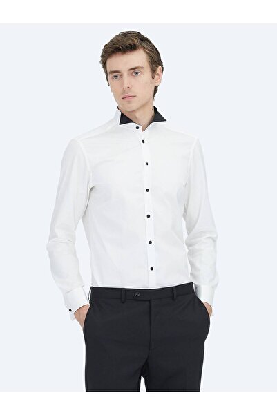 Kip White Slim Fit Tuxedo - Απλό κόψιμο, Διπλή μανσέτα, Πουκάμισο με λαιμόκοψη