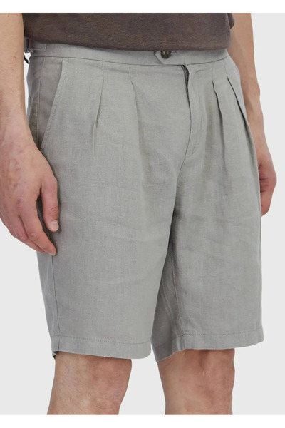 Ramsey Mink Plain Woven Carrot Fit Casual 100% Linen Bermuda