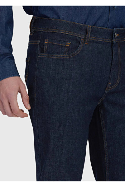 Ramsey Navy Blue Straight Slim Fit Denim Cotton Blended Trousers