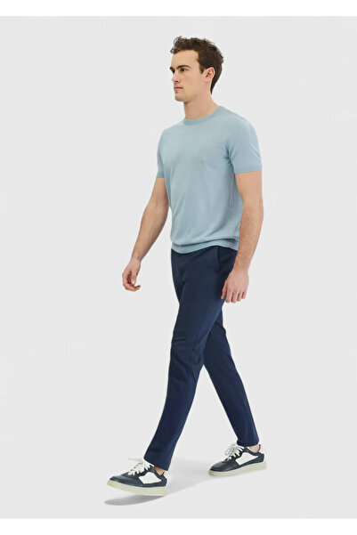 Ramsey Light Blue Crew Neck Plain Knit Linen Blended Sweater