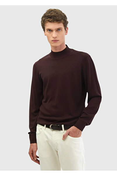Ramsey Bordo Bato Yaka Düz Örgü Yün Karışımlı Triko Kazak