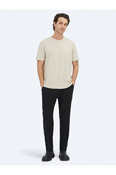 Kip Beige Plain Crew Neck 100% Cotton T-Shirt