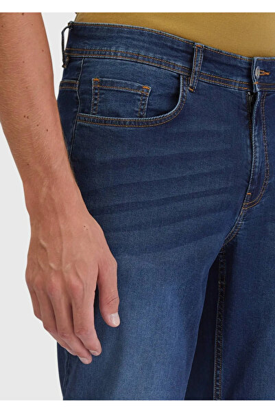 Ramsey Navy Blue Straight Slim Fit Denim Cotton Blended Trousers