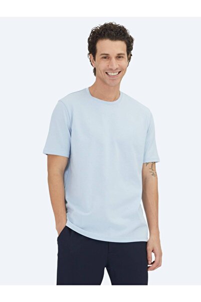 Kip Medium Blue Plain Crew Neck 100% Cotton T-Shirt