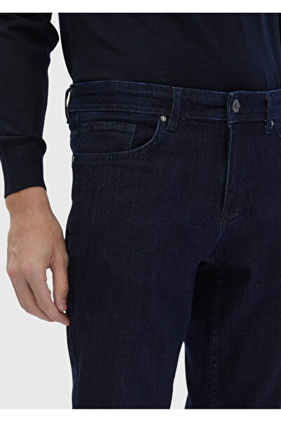 Ramsey Navy Blue Straight Slim Fit Denim Cotton Blended Trousers