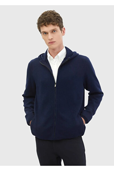 Ramsey Navy Blue Hooded Plain Knit 100% Wool Cardigan