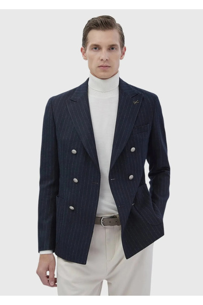 Ramsey Μπλουζάκι με ρίγες Navy Blue Shoulder Slim Fit Μάλλινο Μπουφάν