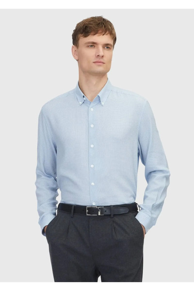 Ramsey Cămașă albastră casual din amestec de bumbac țesut