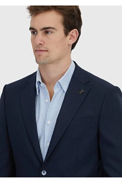 Ramsey Dark Navy Striped Modern Fit Wool Blend Suit