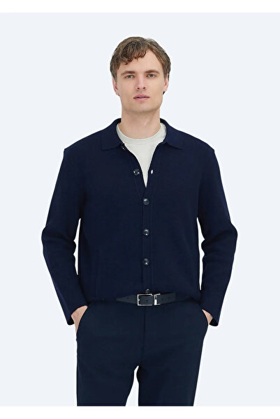 Ramsey Navy Blue Polo Neck Plain Knit Wool Blend Cardigan