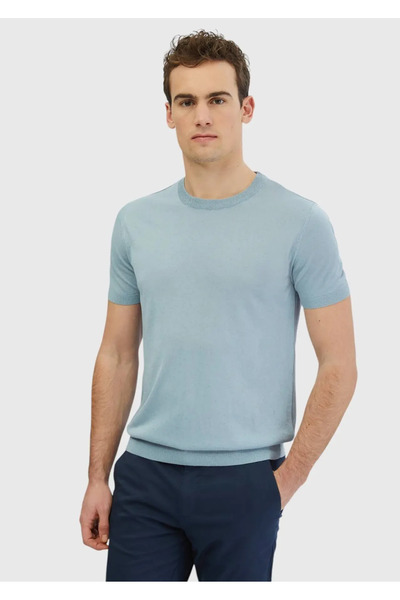 Ramsey Light Blue Crew Neck Plain Knit Linen Blended Sweater