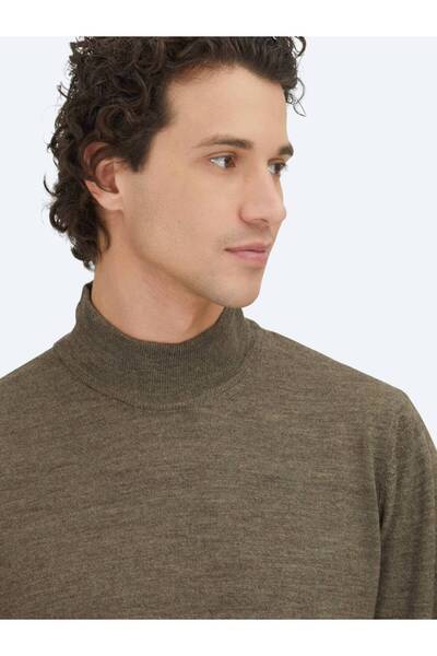 Kip Dark Beige Half Turtleneck Plain Knit Wool Blend Sweater