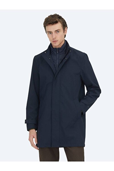 Kip Navy Blue Oversized Fit Double-Breasted Collar Casual Woven Overcoat