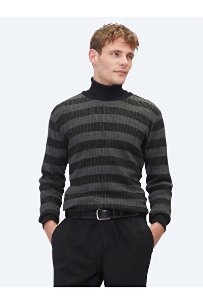 Kip Black Crew Neck Patterned Cotton Blend Sweater Sweater