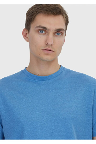 Ramsey Blue Plain Crew Neck 100% Linen T-Shirt