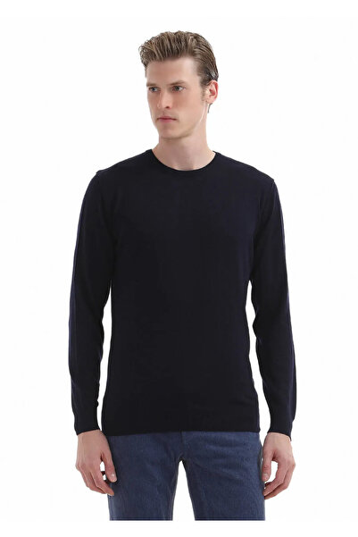 Ramsey Pulover din tricotaj 100% lână cu guler rotund albastru bleumarin