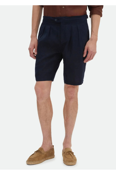 Ramsey Navy Blue Casual Linen Bermuda - Plain Woven Carrot Fit