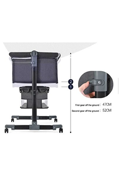 KM Next2me newborn baby crib with safety wheels, mosquito net, and foldable rocker