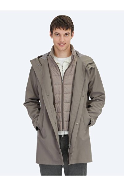 Kip Khaki Oversize Fit Double Breasted Collar Casual Woven Overcoat