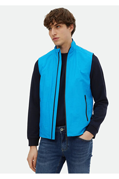 Ramsey Turquoise Regular Fit Stand Collar Denim Woven Sports Vest