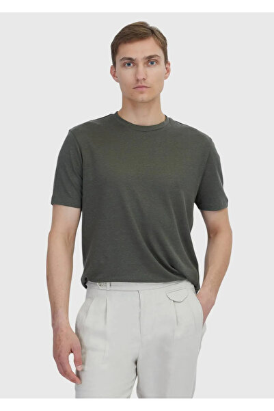Ramsey Khaki Plain Crew Neck 100% Linen T-Shirt
