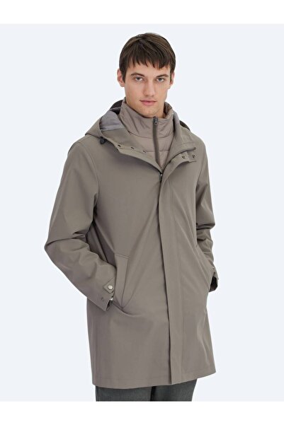 Kip Khaki Oversize Fit Double Breasted Collar Casual Woven Overcoat