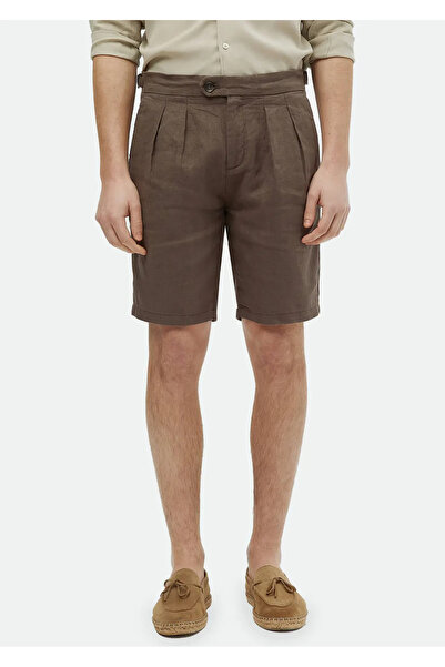 Ramsey Brown Linen Bermuda - Plain Weave, Carrot Fit, Casual 100% Linen