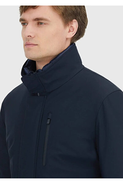 Ramsey Navy Blue Mock Neck Casual Woven Coat