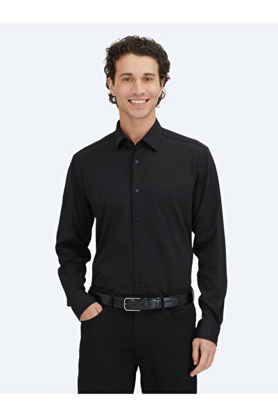 Kip Μαύρο ίσιο πουκάμισο με κανονική εφαρμογή, υφαντό casual 100% βαμβακερό πουκάμισο