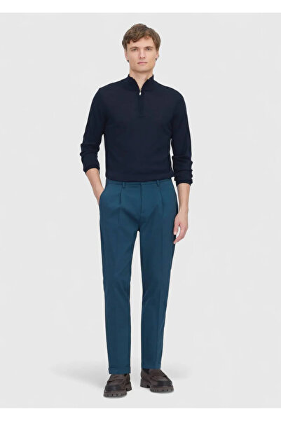 Ramsey Petrol Plain Woven Regular Fit Casual Cotton Blend Trousers