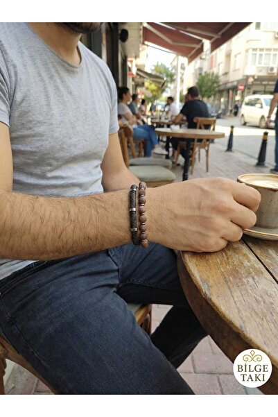 Bilge Takı مجموعة من سوارين للرجال من الحجر الطبيعي الهيماتيت والجلد المضفر ب...