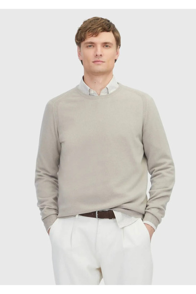 Ramsey سترة تريكو منسوجة مسطحة بياقة دائرية باللون البيج مصنوعة من الكشمير بن...