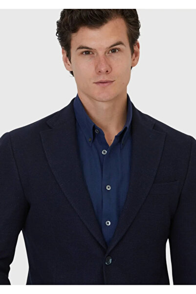 Ramsey Navy Blue Plain Shirt Shoulder Slim Fit Cotton Blend Knitted Jacket