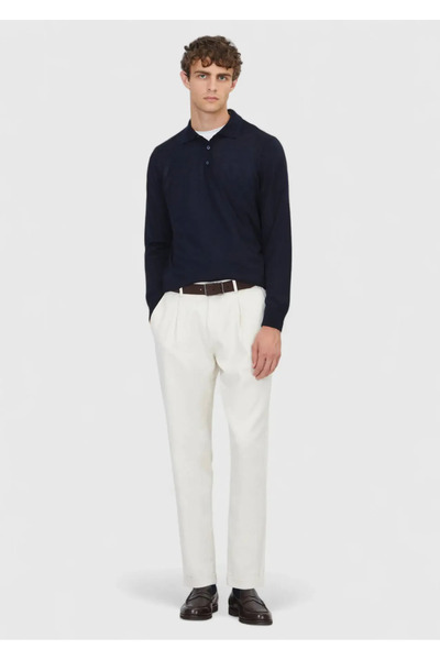 Ramsey Navy Blue Polo Neck Plain Knit Wool Blended Sweater