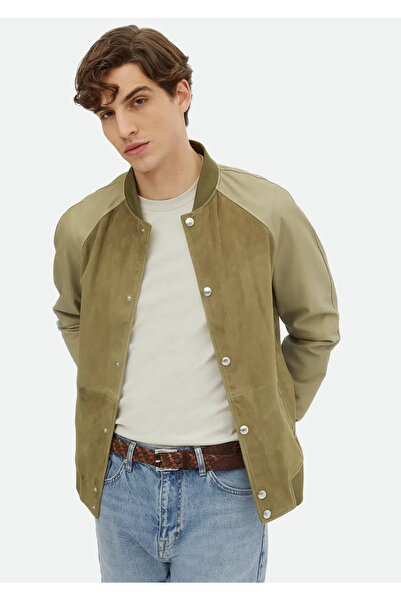 Ramsey Khaki Regular Fit Stand Collar Casual Suede Leather Coat