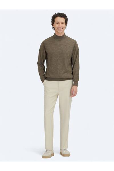 Kip Dark Beige Half Turtleneck Plain Knit Wool Blend Sweater