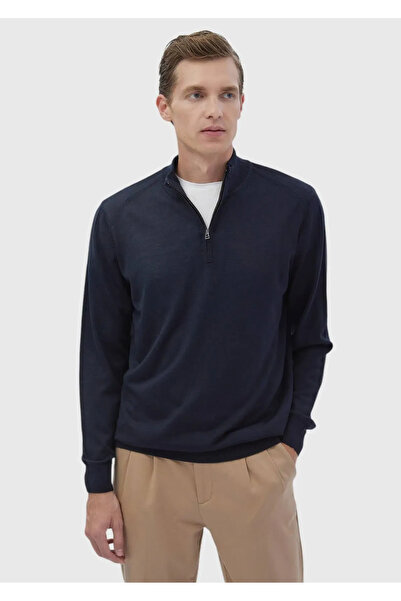 Ramsey Koyu İndigo Yarım Balıkçı Yaka Düz Örgü Yün Karışımlı Triko Kazak