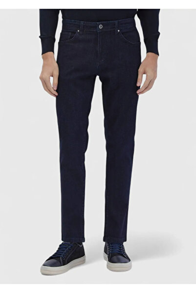 Ramsey Navy Blue Straight Slim Fit Denim Cotton Blended Trousers