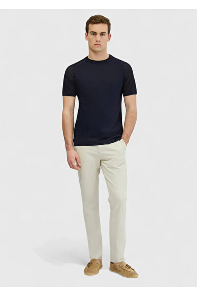 Ramsey Lacivert Bisiklet Yaka Jakarlı Keten Karışımlı Triko