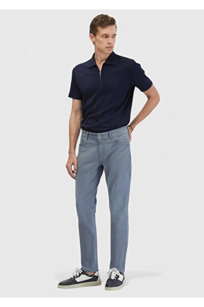 Ramsey Blue Straight Slim Fit Denim Cotton Blended Trousers