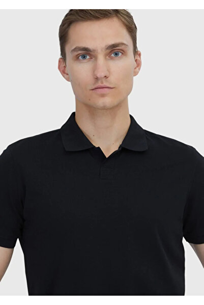 Ramsey Μαύρο απλό μπλουζάκι πόλο με λαιμόκοψη 100% βαμβάκι