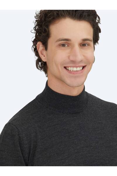 Kip Anthracite Half Turtleneck Plain Knit Wool Blended Sweater